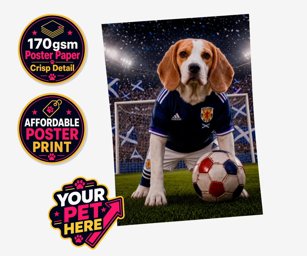Personalised Scotland Footballer dog standard poster print featuring where your dog takes centre stage as the ultimate sports star!