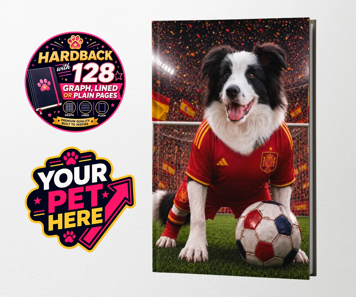 Personalised Spain Footballer dog hardback notebooks featuring capturing your beloved dog in all its sporting glory!