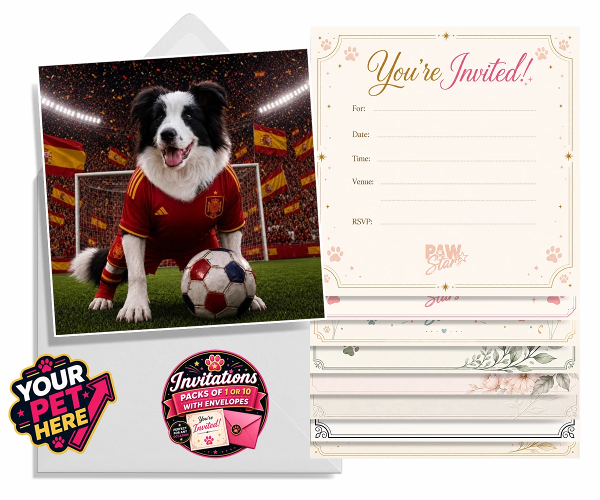 Personalised Spain Footballer dog invitations featuring capturing your beloved dog in all its sporting glory!