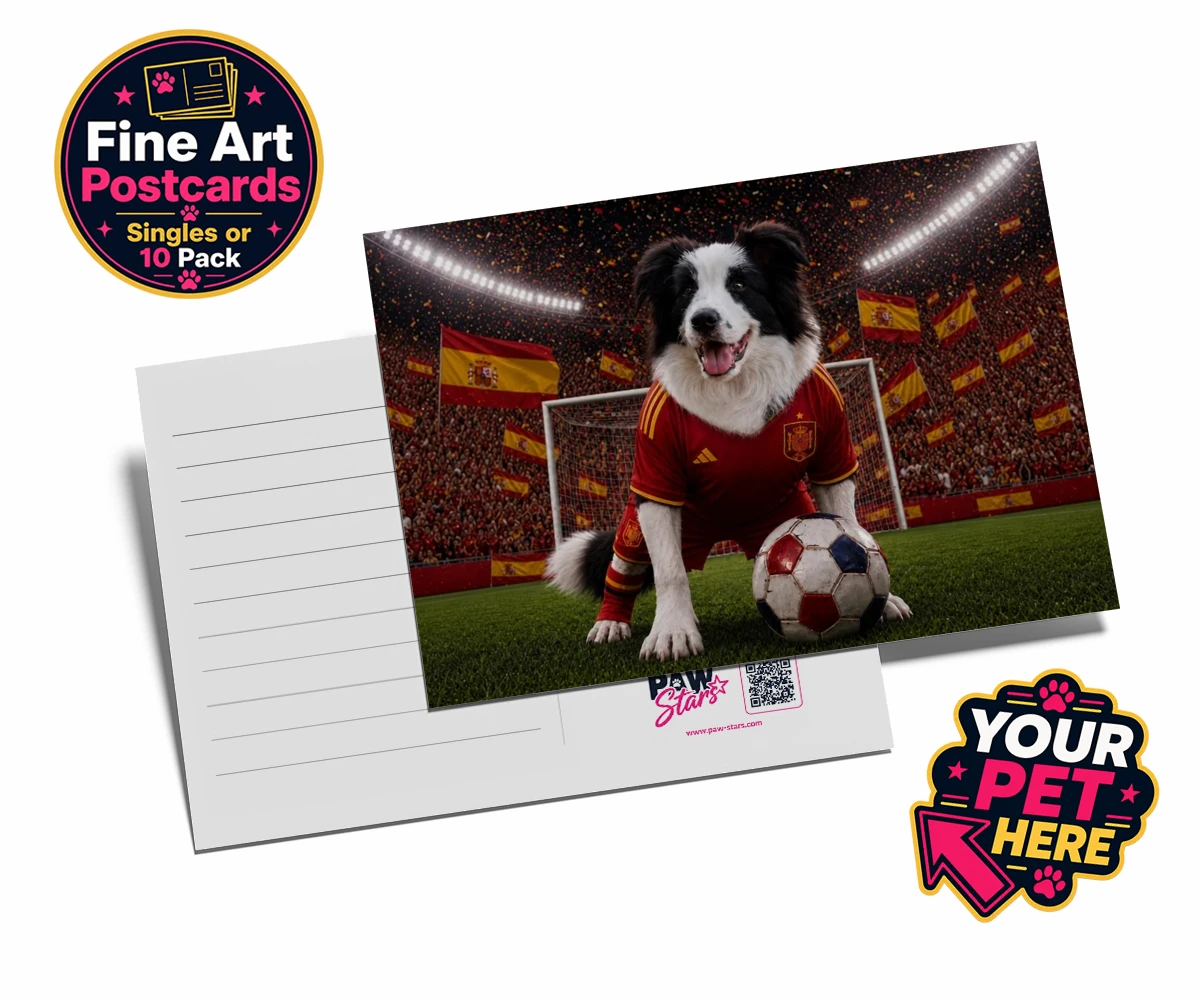 Personalised Spain Footballer dog postcards featuring capturing your beloved dog in all its sporting glory!