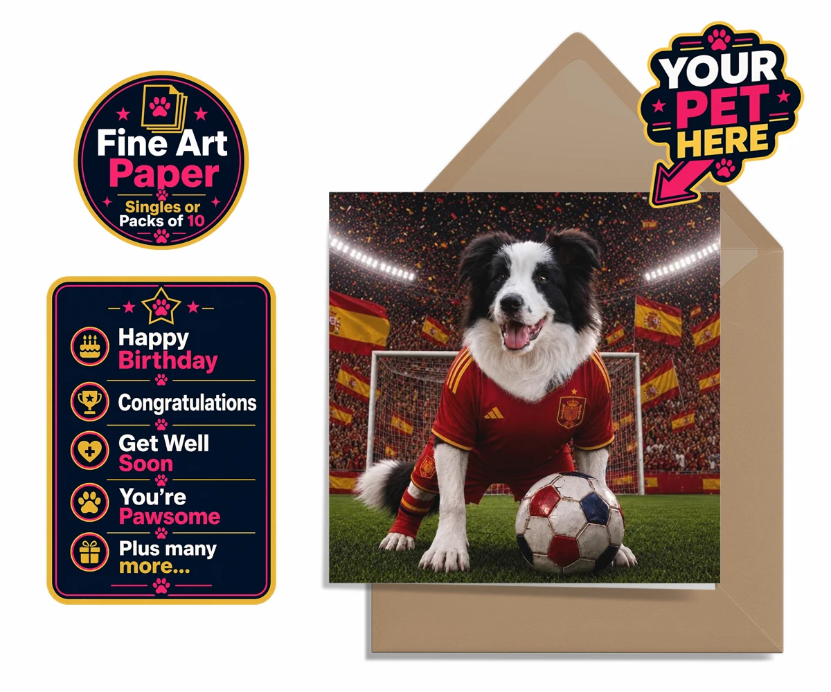 Personalised Spain Footballer dog premium greetings cards featuring capturing your beloved dog in all its sporting glory!