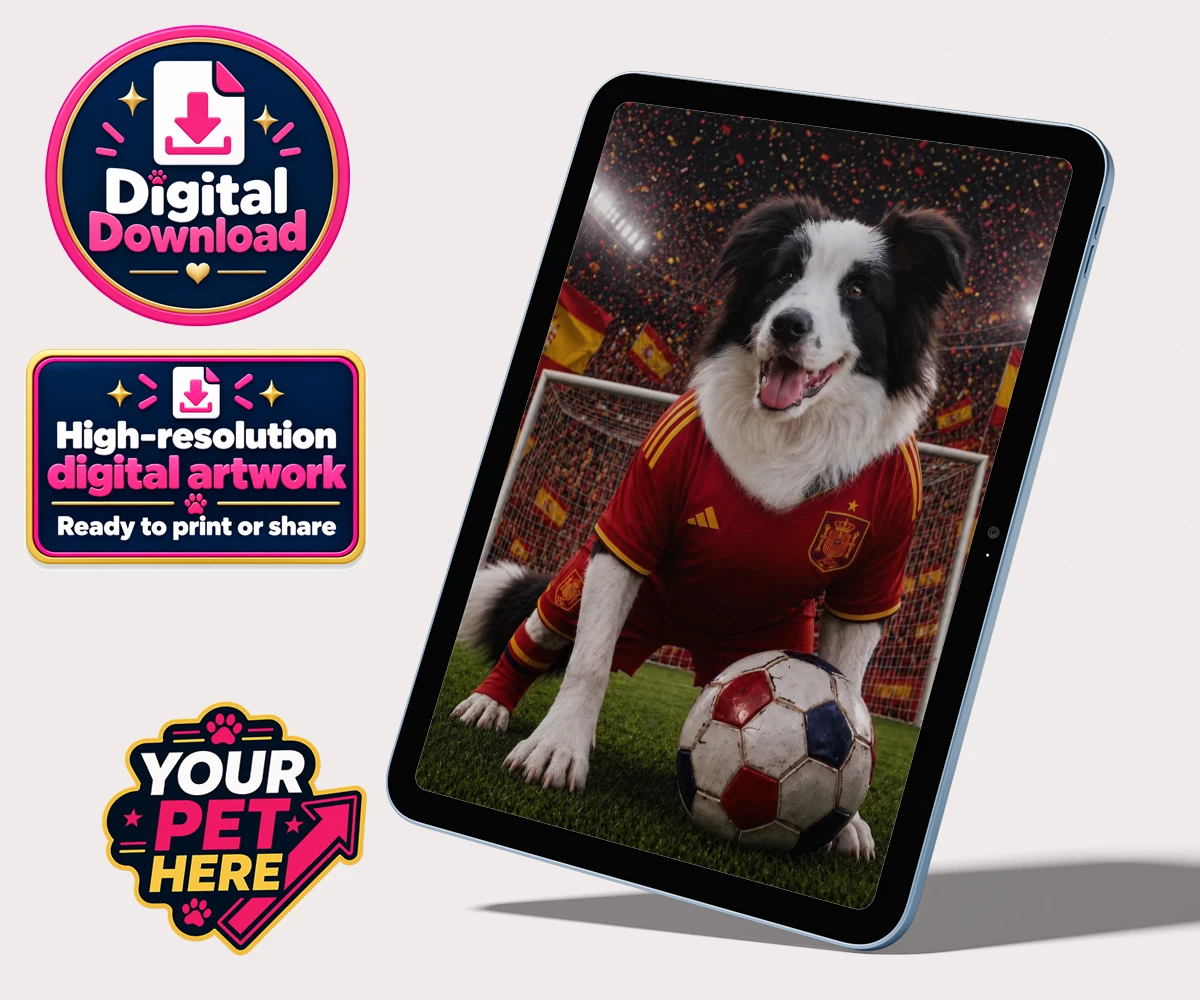 Personalised Spain Footballer dog personalised digital downloads featuring capturing your beloved dog in all its sporting glory!