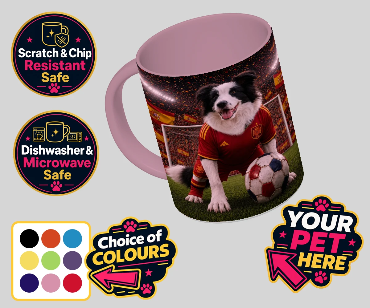 Personalised Spain Footballer dog coloured photo mugs featuring capturing your beloved dog in all its sporting glory!