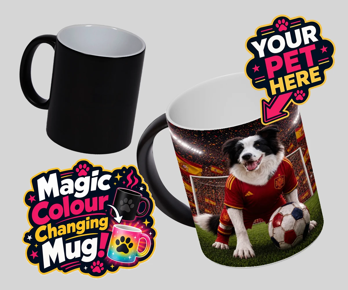 Personalised Spain Footballer dog magic photo mugs featuring capturing your beloved dog in all its sporting glory!