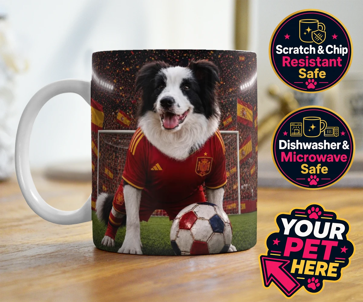 Personalised Spain Footballer dog photo mugs featuring capturing your beloved dog in all its sporting glory!