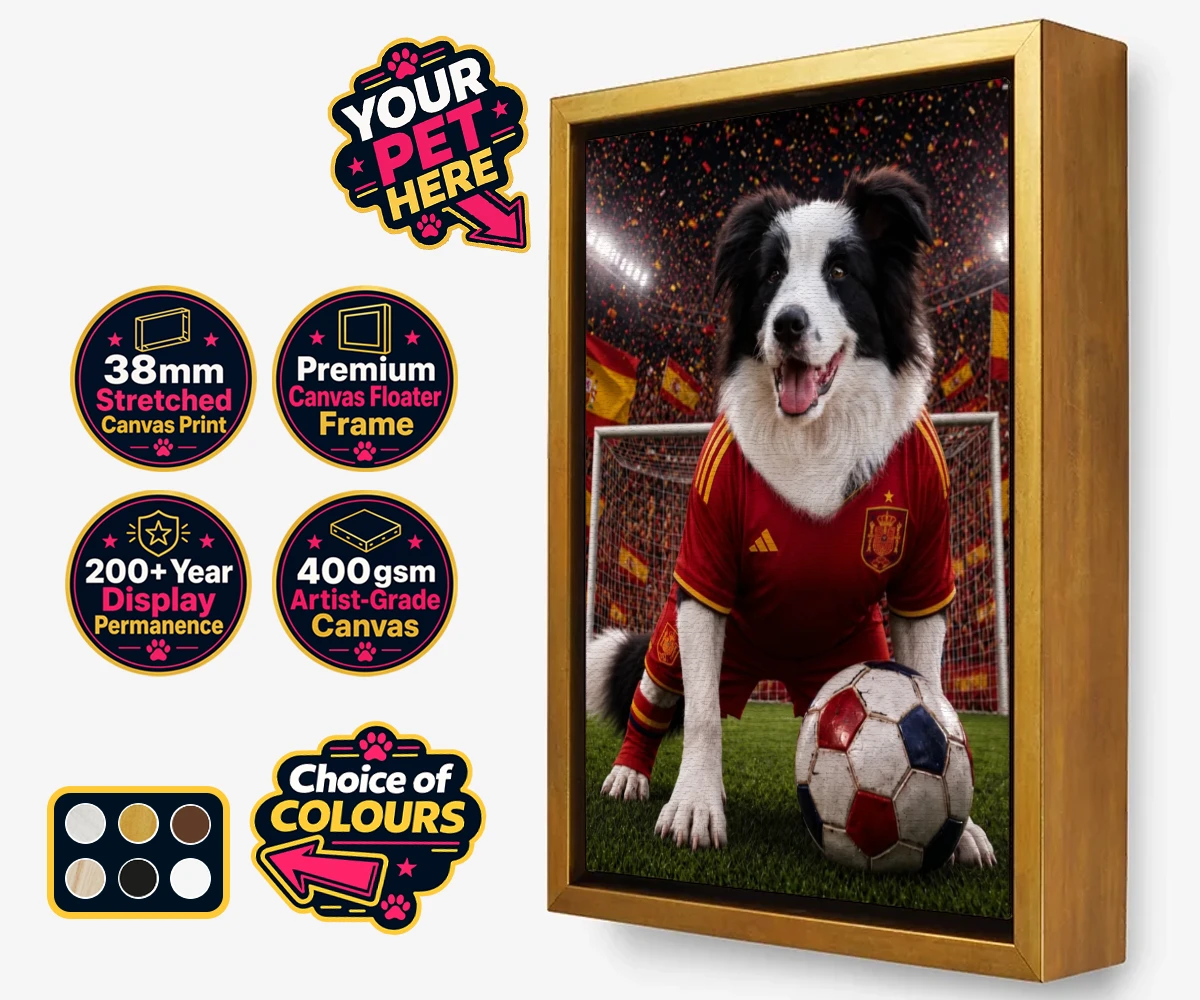 Personalised Spain Footballer dog framed canvas print featuring capturing your beloved dog in all its sporting glory!