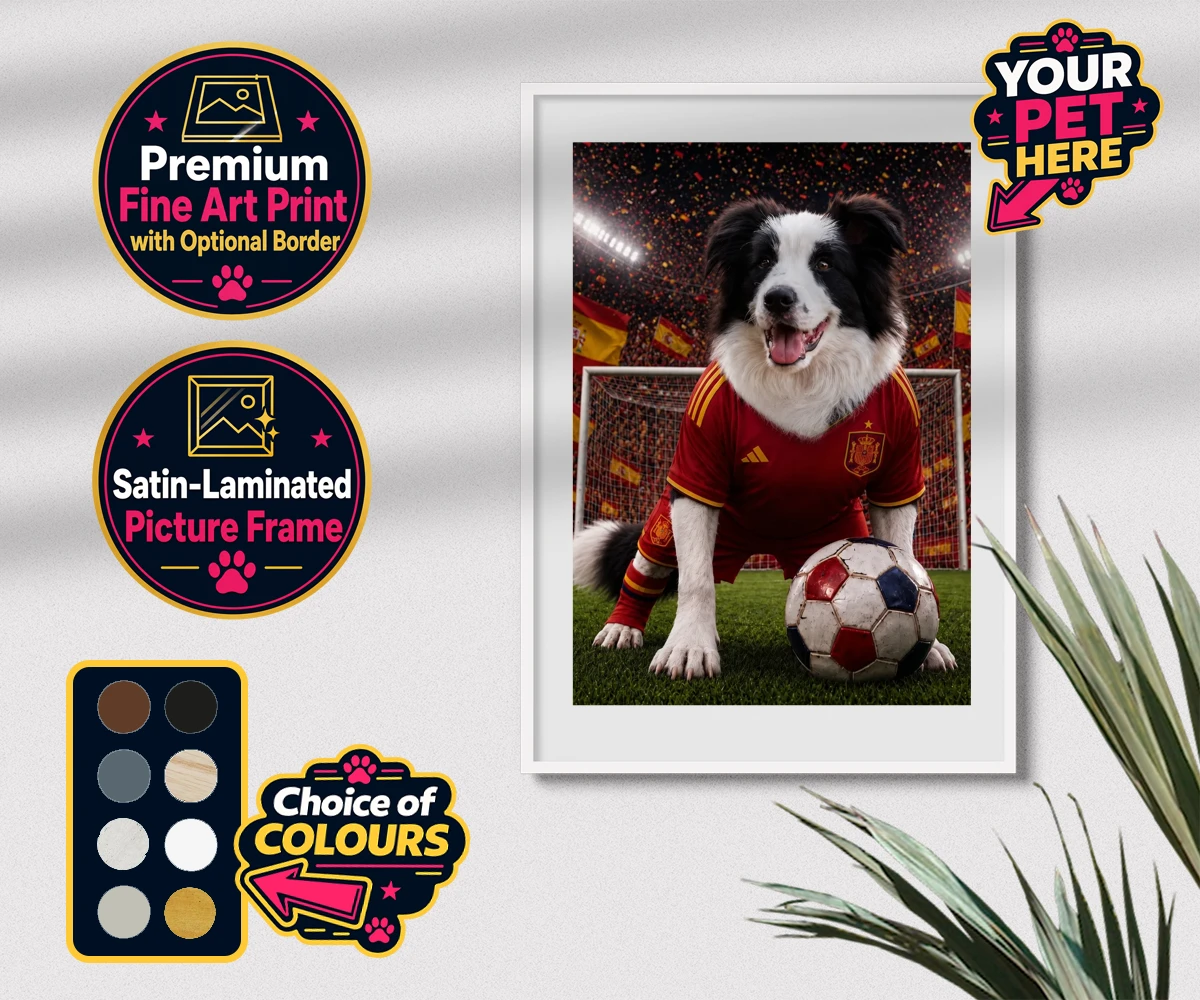 Personalised Spain Footballer dog premium framed print featuring capturing your beloved dog in all its sporting glory!
