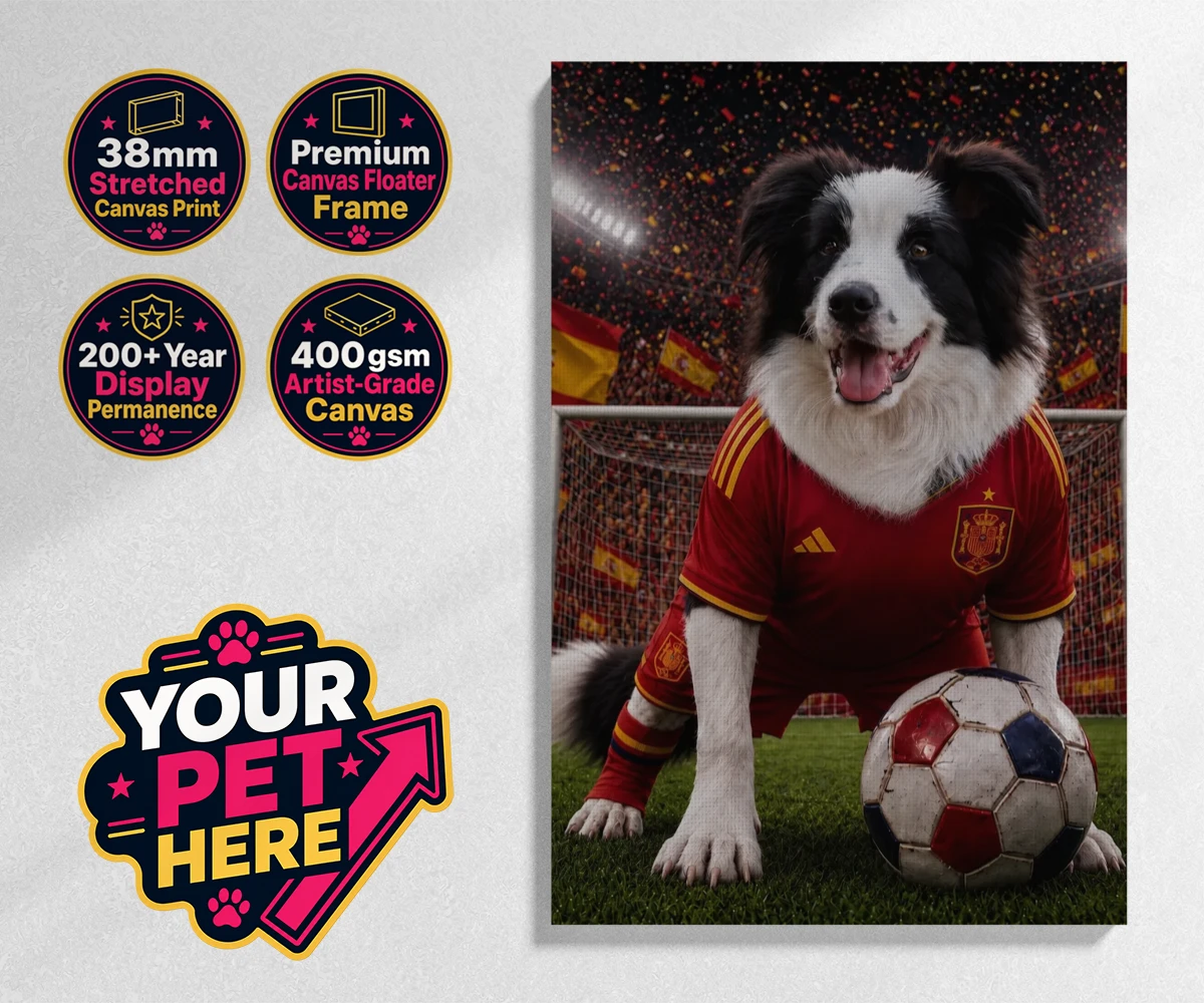 Personalised Spain Footballer dog stretched canvas print featuring capturing your beloved dog in all its sporting glory!