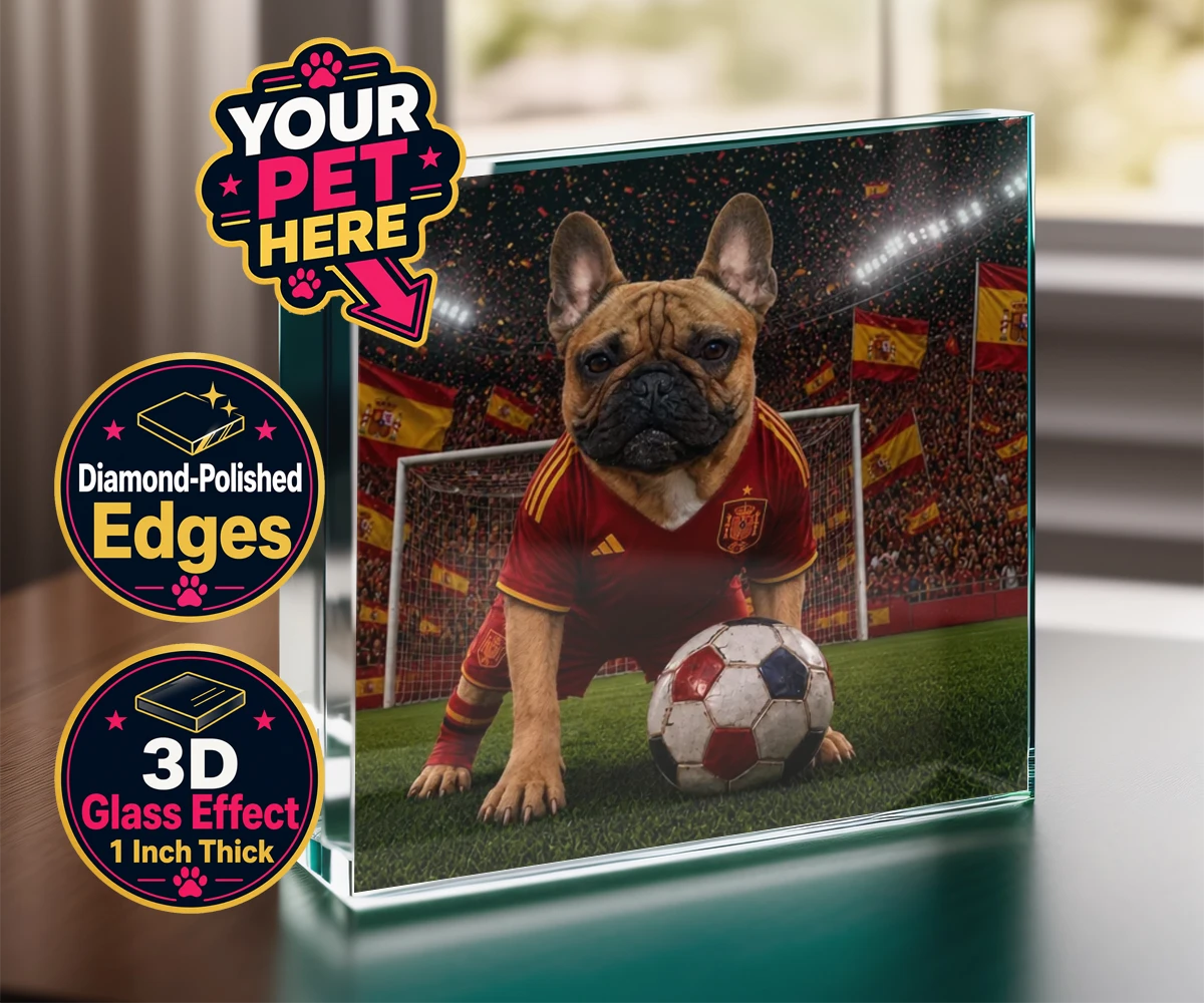 Personalised Spain Footballer dog acrylic prisms featuring a playful tribute to both the beautiful game and your beloved pooch!