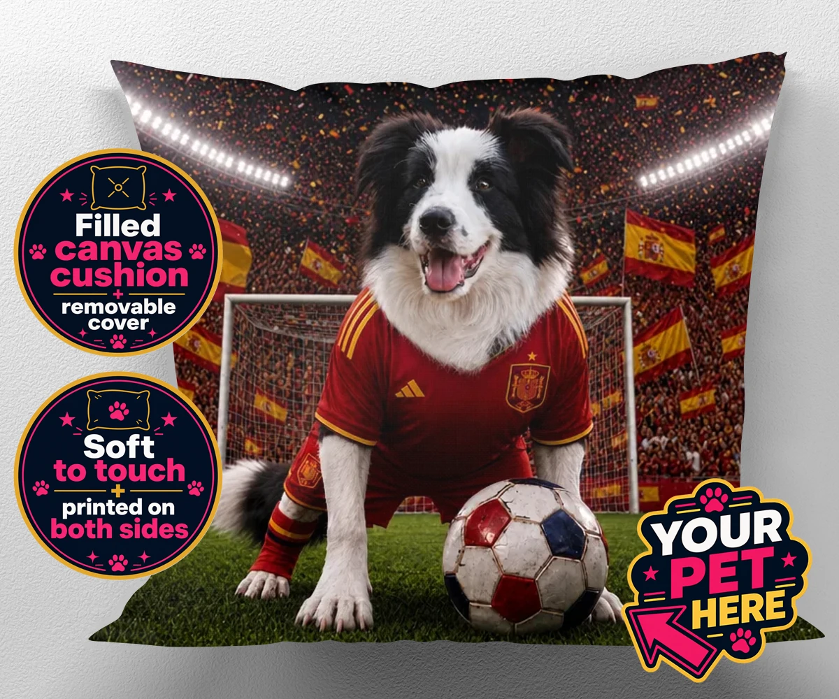 Personalised Spain Footballer dog canvas cushions featuring capturing your beloved dog in all its sporting glory!