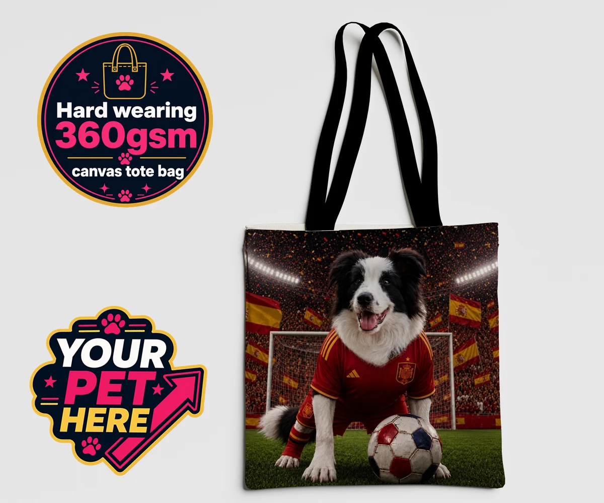 Personalised Spain Footballer dog canvas tote bags featuring capturing your beloved dog in all its sporting glory!