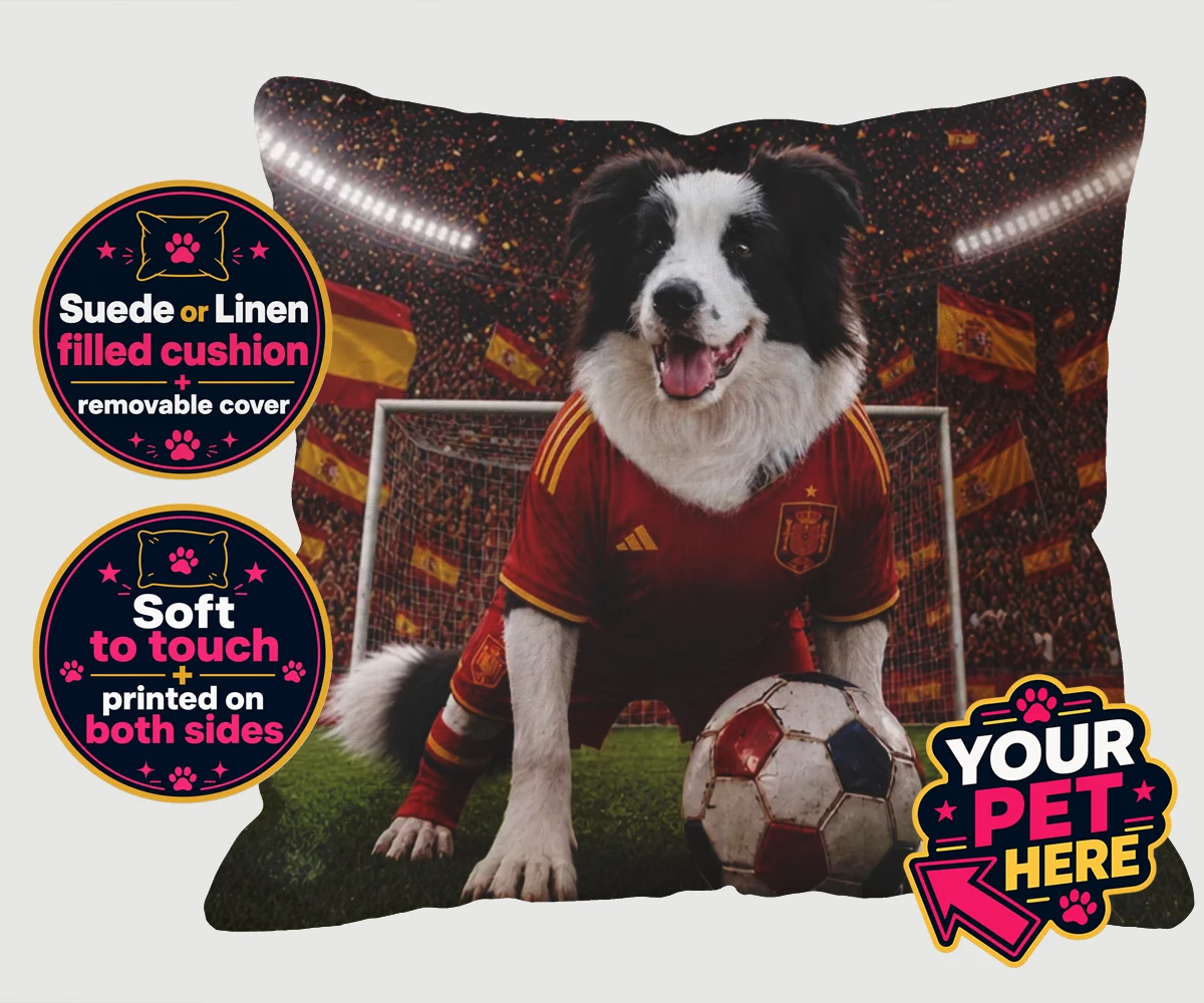 Personalised Spain Footballer dog cushions featuring capturing your beloved dog in all its sporting glory!