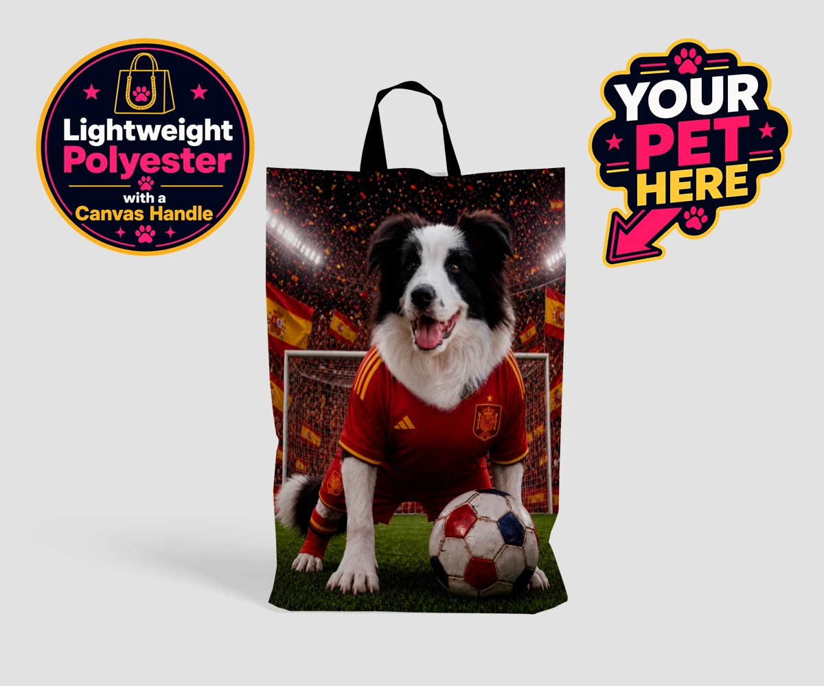 Personalised Spain Footballer dog shopping bags featuring capturing your beloved dog in all its sporting glory!