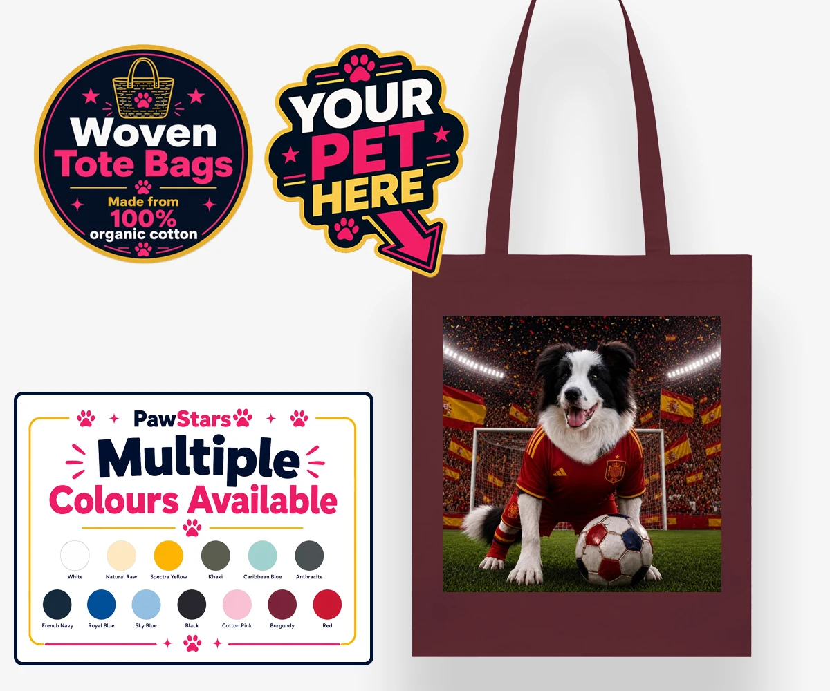 Personalised Spain Footballer dog woven tote bags featuring capturing your beloved dog in all its sporting glory!