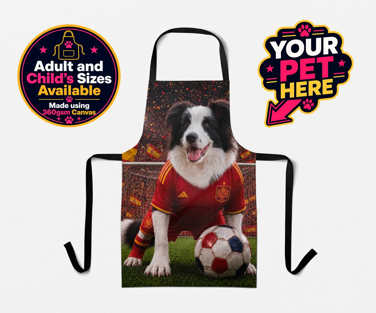 Personalised Spain Footballer dog aprons featuring capturing your beloved dog in all its sporting glory!
