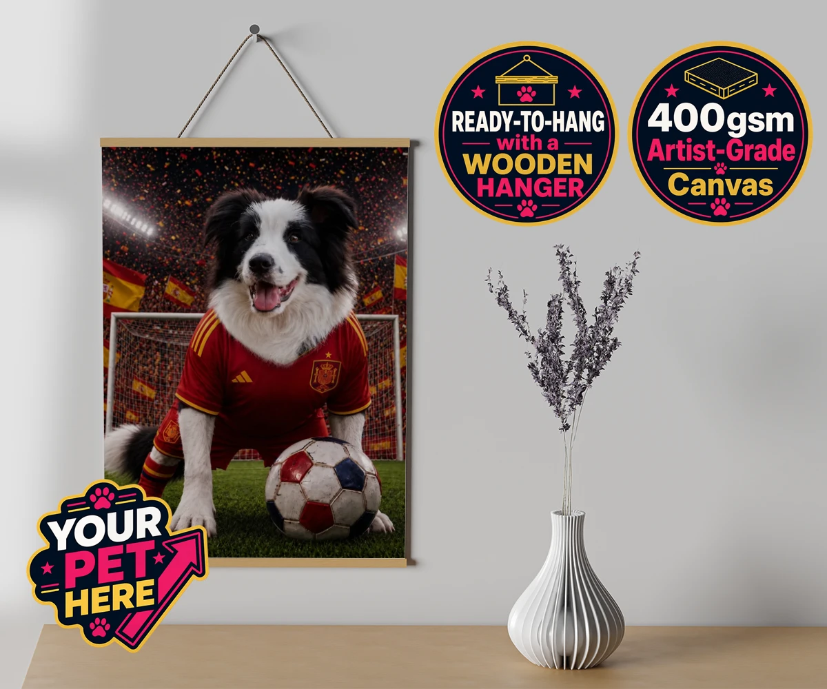 Personalised Spain Footballer dog canvas poster prints with hanger featuring capturing your beloved dog in all its sporting glory!