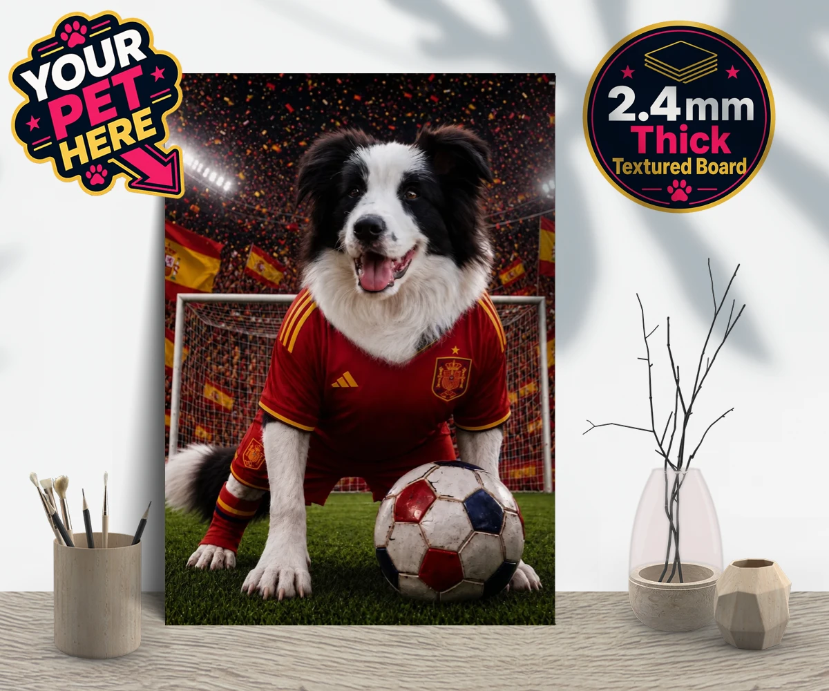 Personalised Spain Footballer dog gallery boards featuring capturing your beloved dog in all its sporting glory!