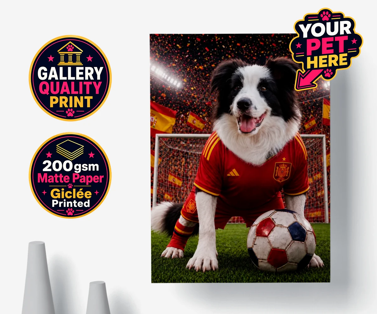 Personalised Spain Footballer dog premium poster print featuring capturing your beloved dog in all its sporting glory!