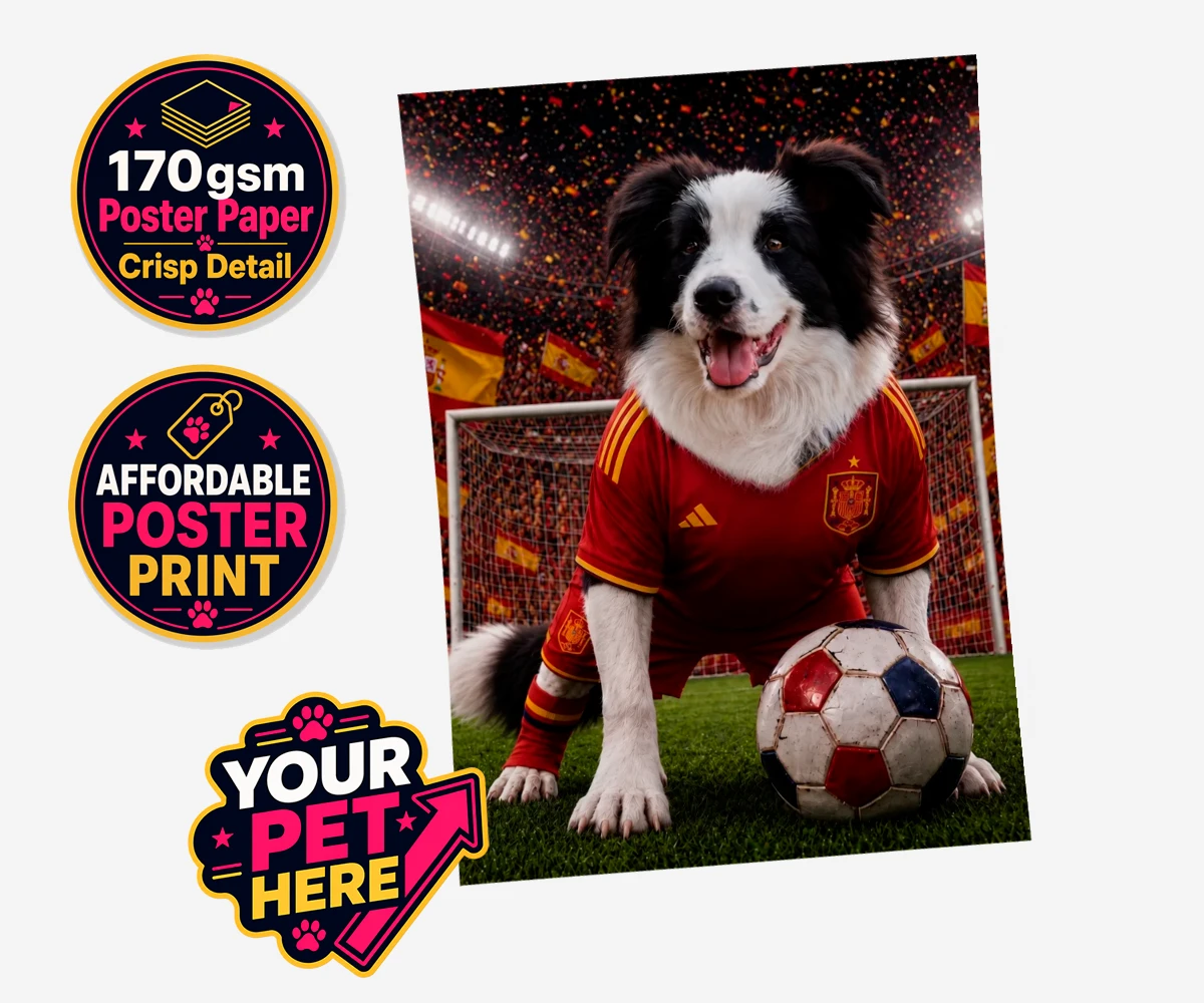 Personalised Spain Footballer dog standard poster print featuring capturing your beloved dog in all its sporting glory!