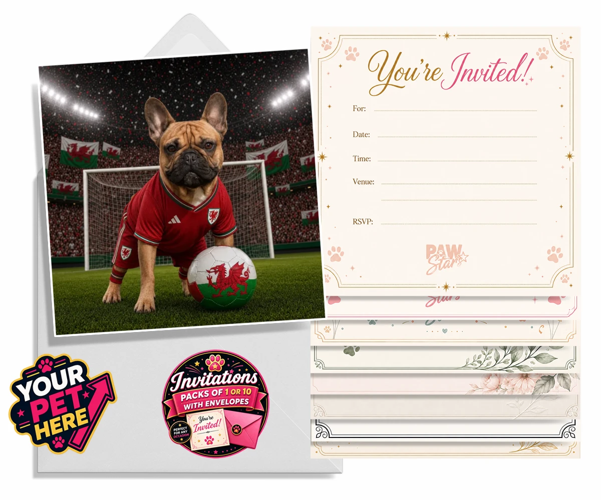 Personalised Wales Footballer dog invitations featuring meet Wales Footballer, a delightful tribute to your beloved canine com