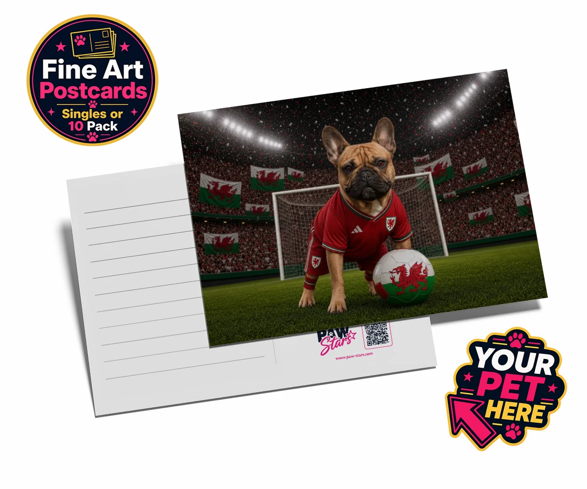 Personalised Wales Footballer dog postcards featuring meet Wales Footballer, a delightful tribute to your beloved canine com