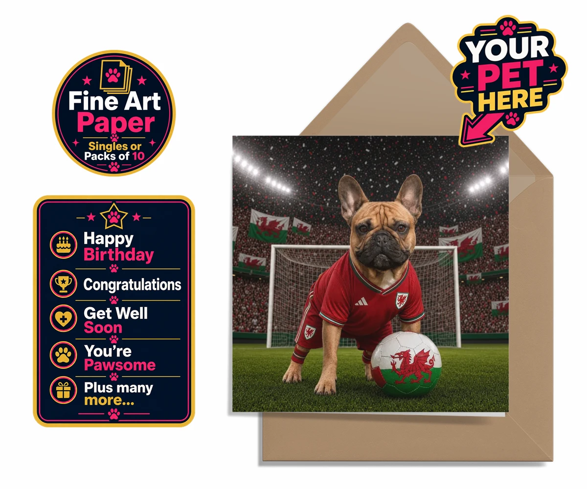 Personalised Wales Footballer dog premium greetings cards featuring meet Wales Footballer, a delightful tribute to your beloved canine com