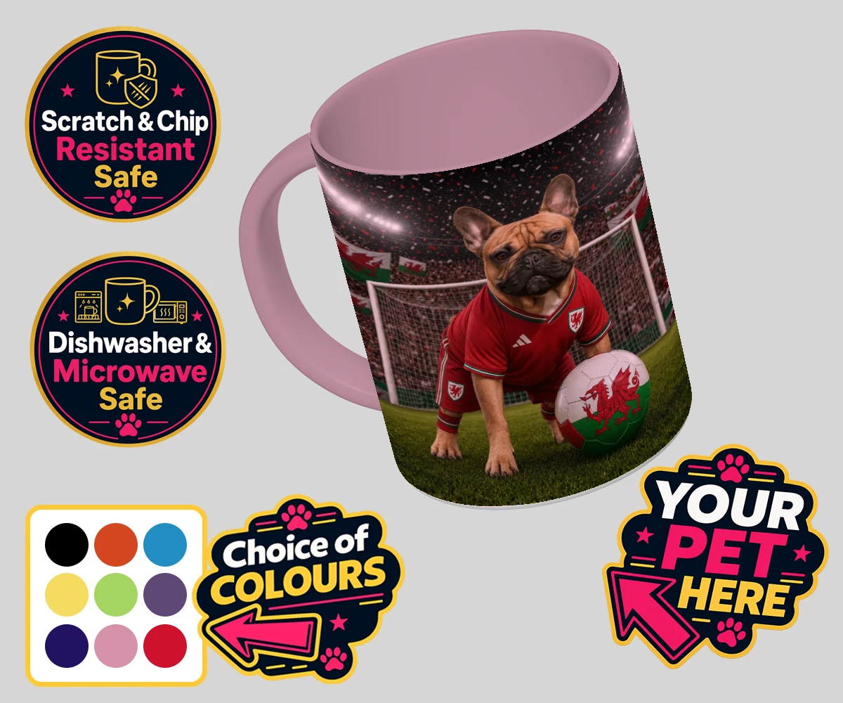 Personalised Wales Footballer dog coloured photo mugs featuring meet Wales Footballer, a delightful tribute to your beloved canine com