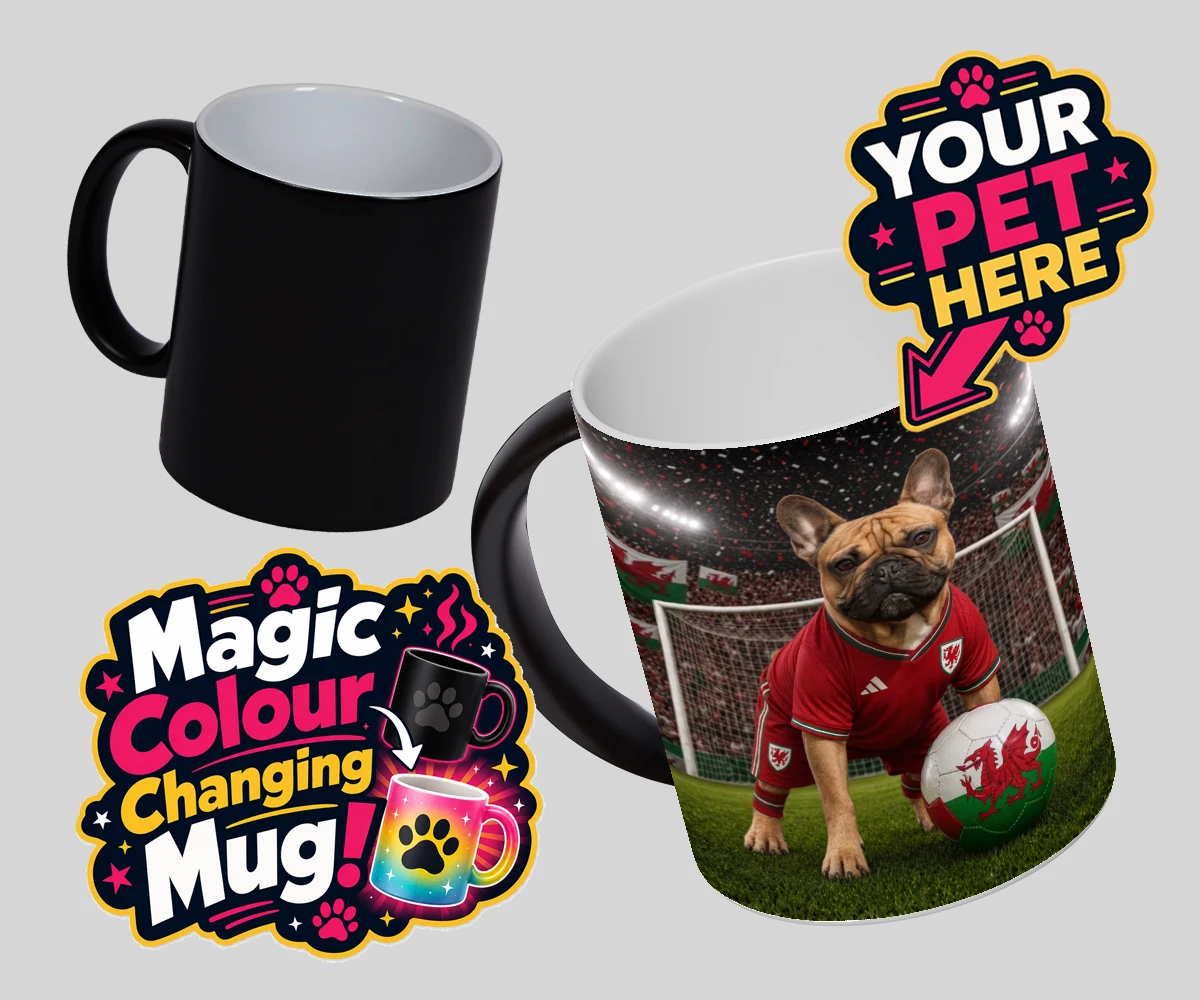 Personalised Wales Footballer dog magic photo mugs featuring meet Wales Footballer, a delightful tribute to your beloved canine com