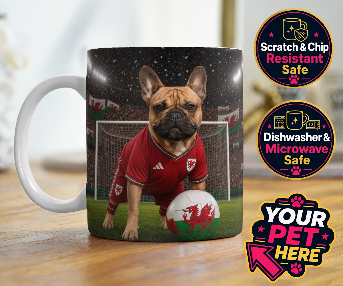 Personalised Wales Footballer dog photo mugs featuring meet Wales Footballer, a delightful tribute to your beloved canine com