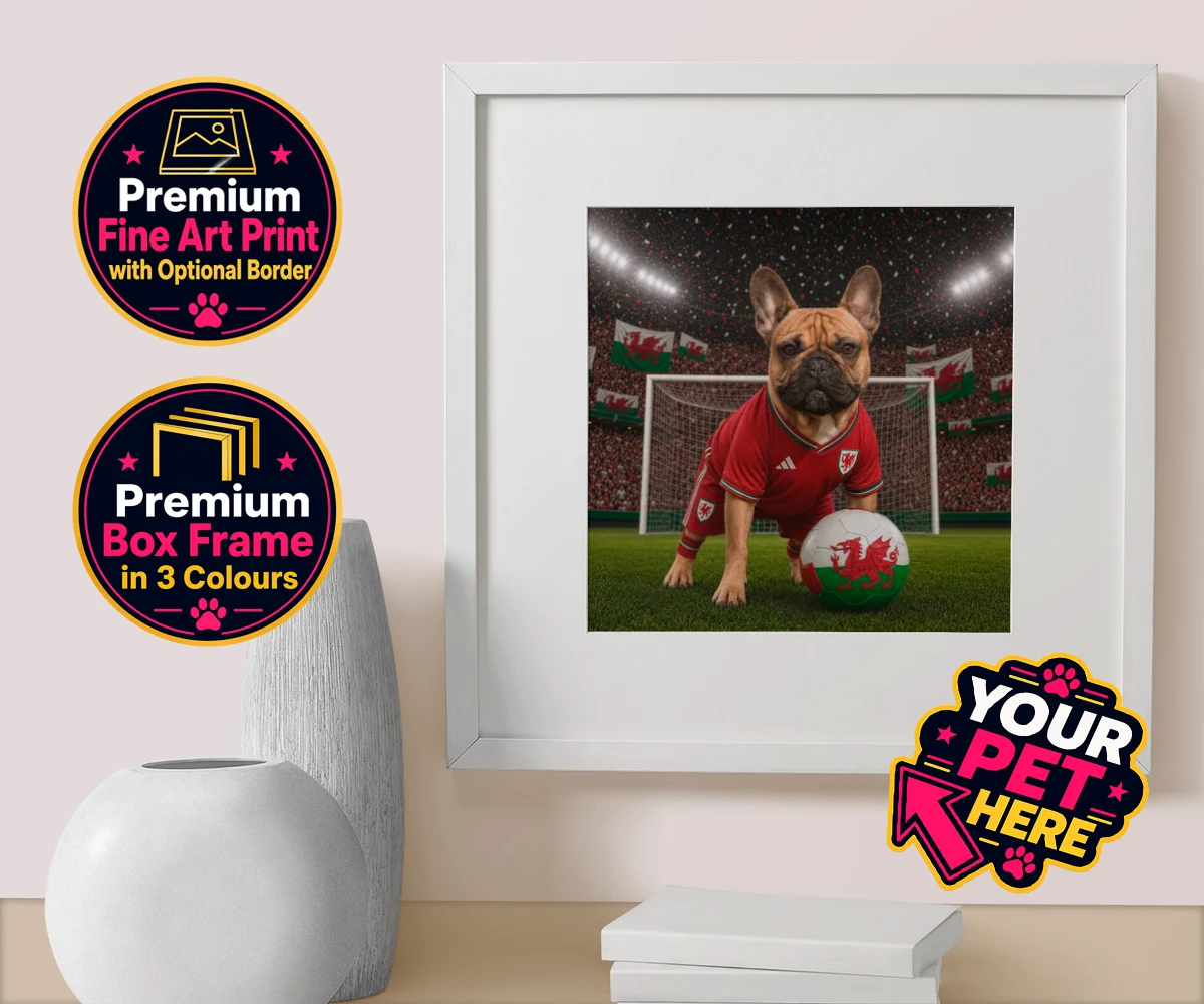 Personalised Wales Footballer dog box framed print featuring meet Wales Footballer, a delightful tribute to your beloved canine com