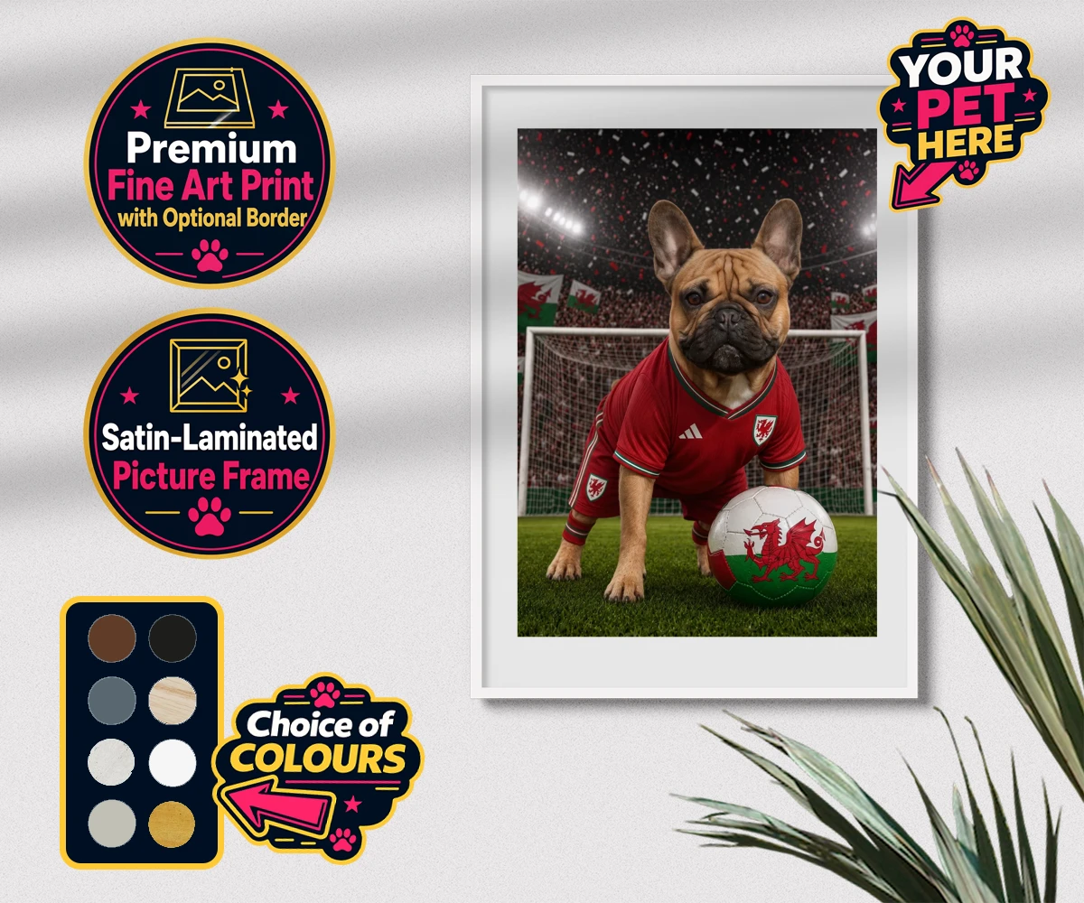 Personalised Wales Footballer dog premium framed print featuring meet Wales Footballer, a delightful tribute to your beloved canine com