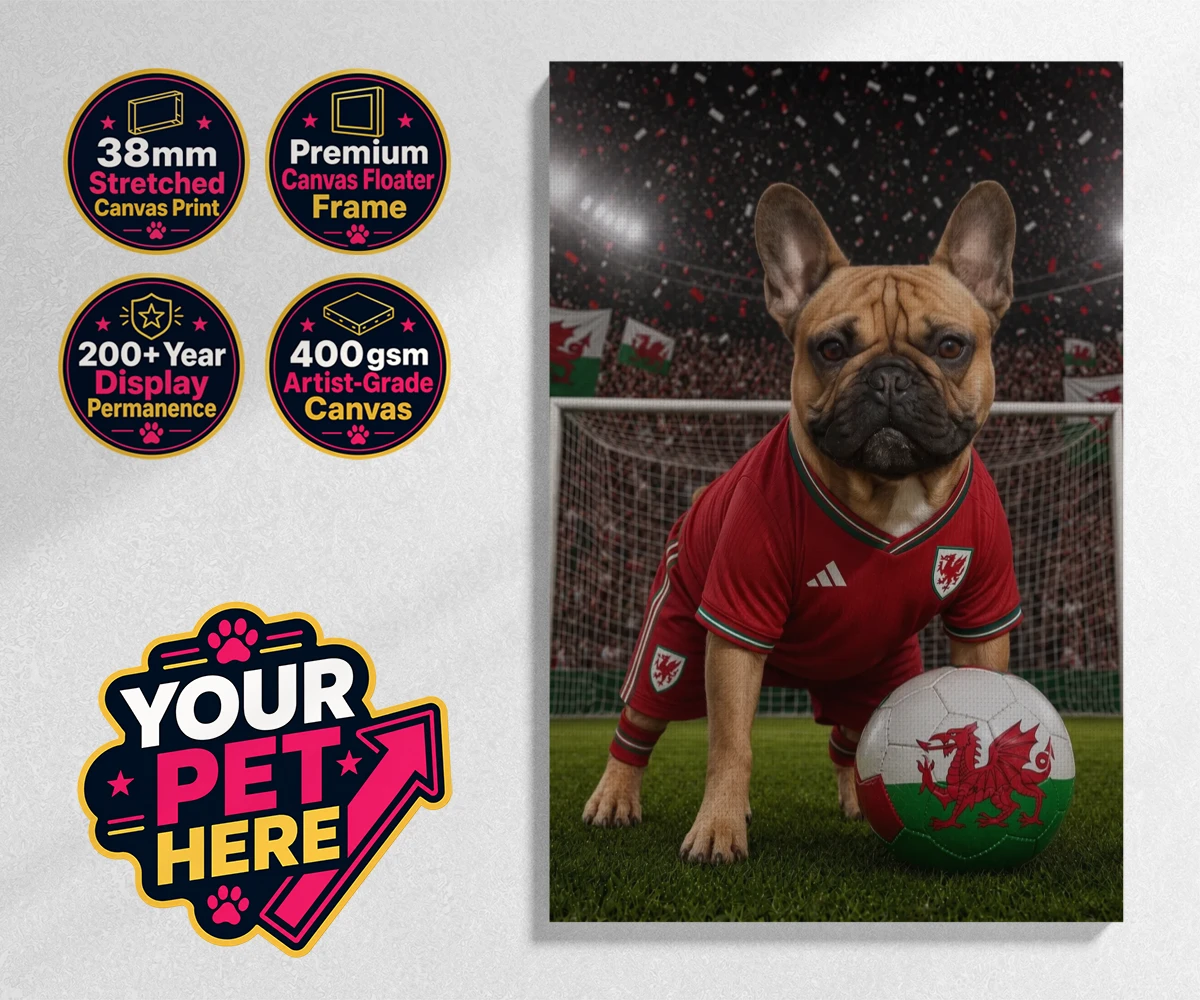 Personalised Wales Footballer dog stretched canvas print featuring meet Wales Footballer, a delightful tribute to your beloved canine com