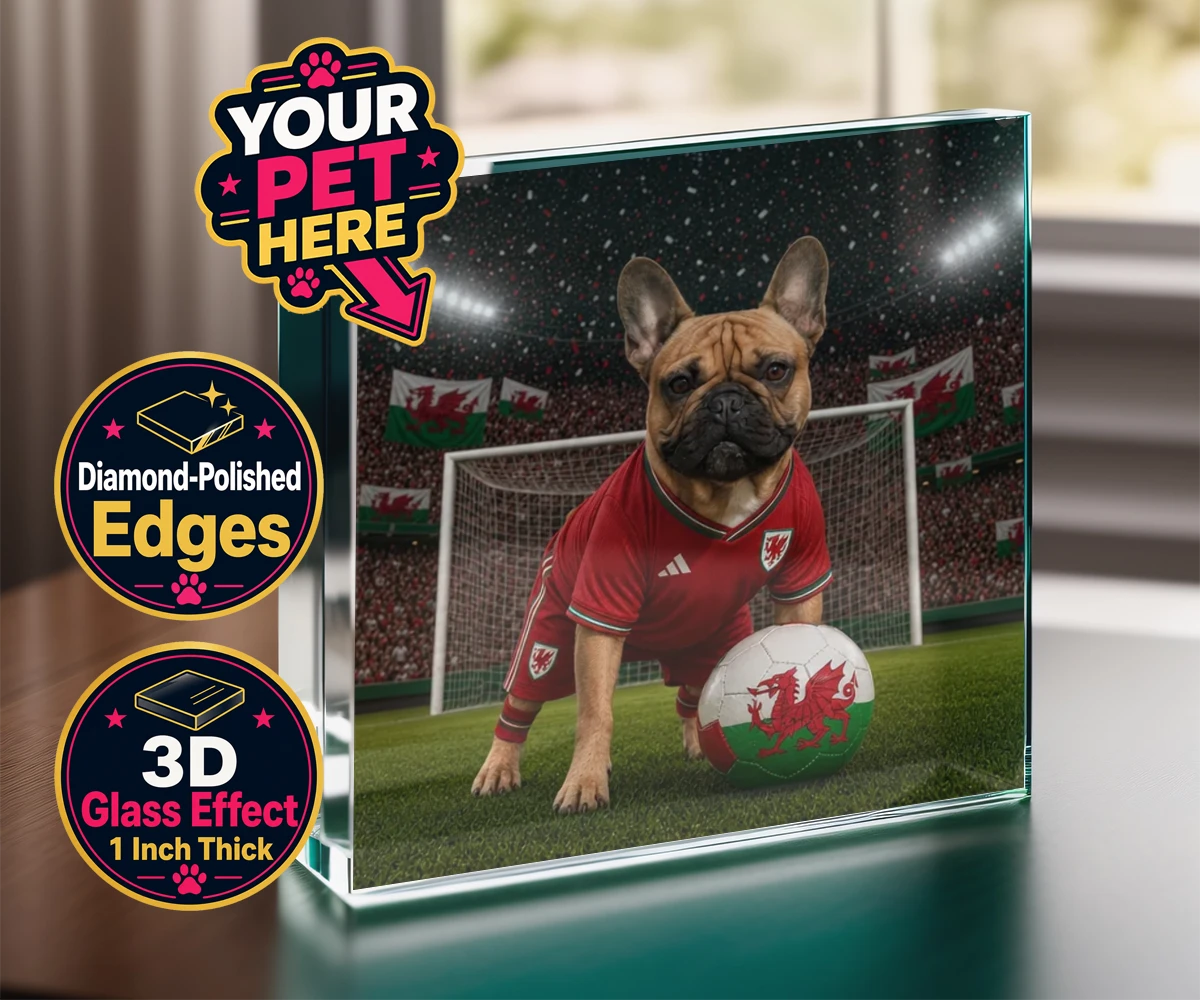 Personalised Wales Footballer dog acrylic prisms featuring meet Wales Footballer, a delightful tribute to your beloved canine com