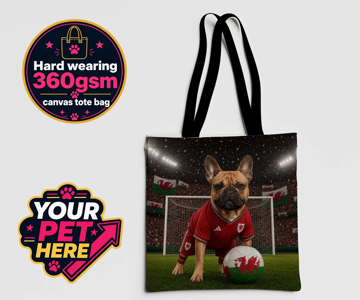 Personalised Wales Footballer dog canvas tote bags featuring meet Wales Footballer, a delightful tribute to your beloved canine com