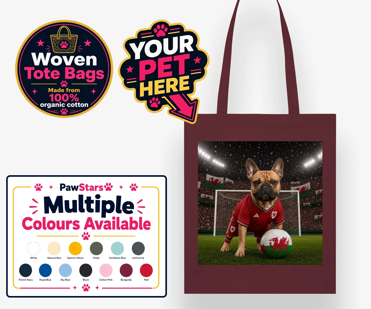 Personalised Wales Footballer dog woven tote bags featuring meet Wales Footballer, a delightful tribute to your beloved canine com