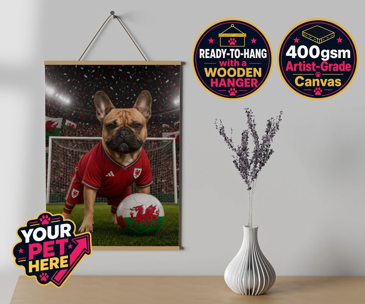 Personalised Wales Footballer dog canvas poster prints with hanger featuring meet Wales Footballer, a delightful tribute to your beloved canine com