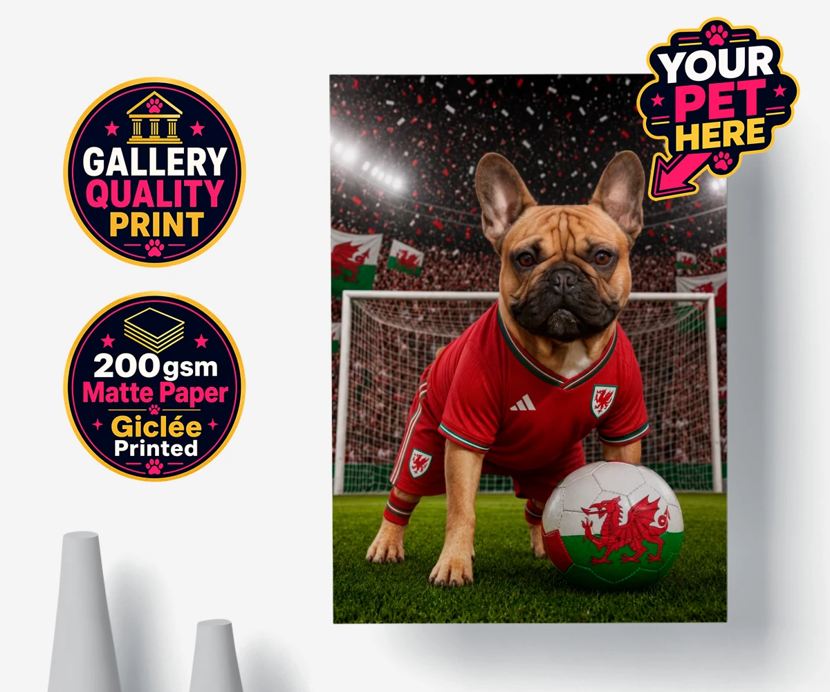 Personalised Wales Footballer dog premium poster print featuring meet Wales Footballer, a delightful tribute to your beloved canine com