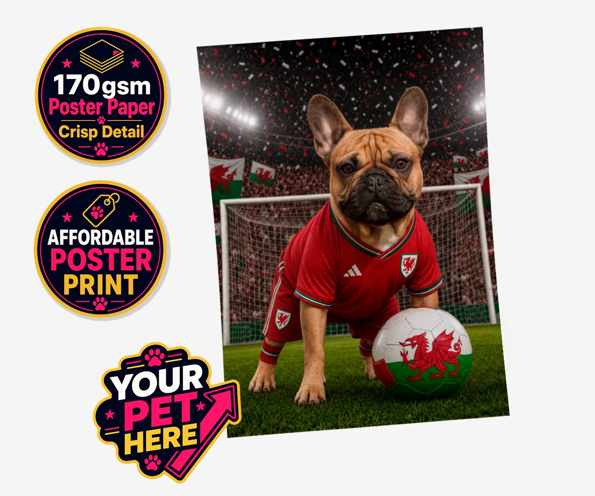Personalised Wales Footballer dog standard poster print featuring meet Wales Footballer, a delightful tribute to your beloved canine com