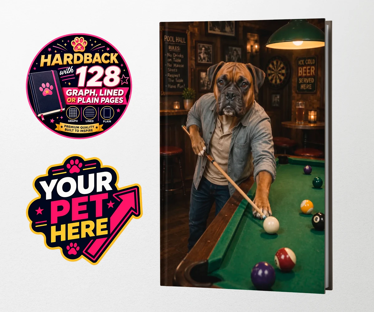 Personalised The Pool Hustler dog hardback notebooks featuring meet The Pool Hustler, a charming canine character capturing the heart