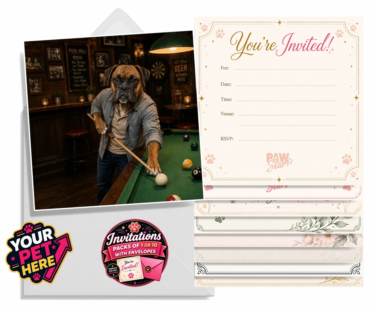Personalised The Pool Hustler dog invitations featuring meet The Pool Hustler, a charming canine character capturing the heart