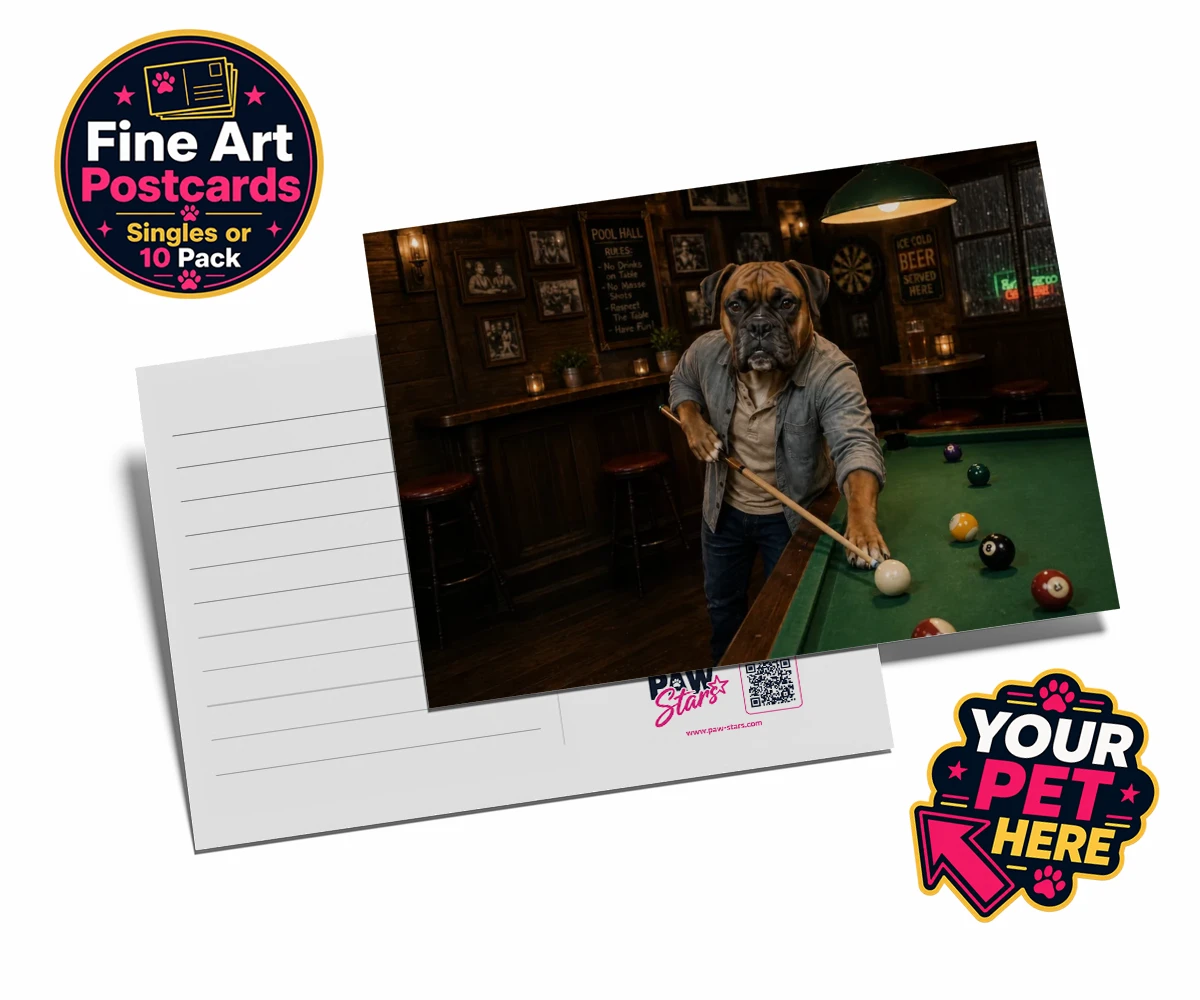 Personalised The Pool Hustler dog postcards featuring meet The Pool Hustler, a charming canine character capturing the heart
