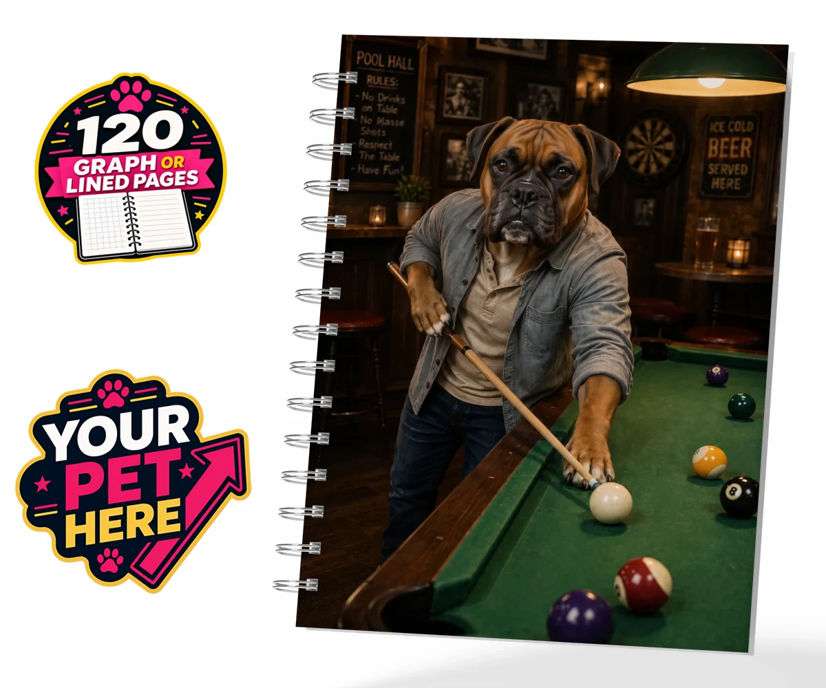 Personalised The Pool Hustler dog spiral notebook featuring meet The Pool Hustler, a charming canine character capturing the heart