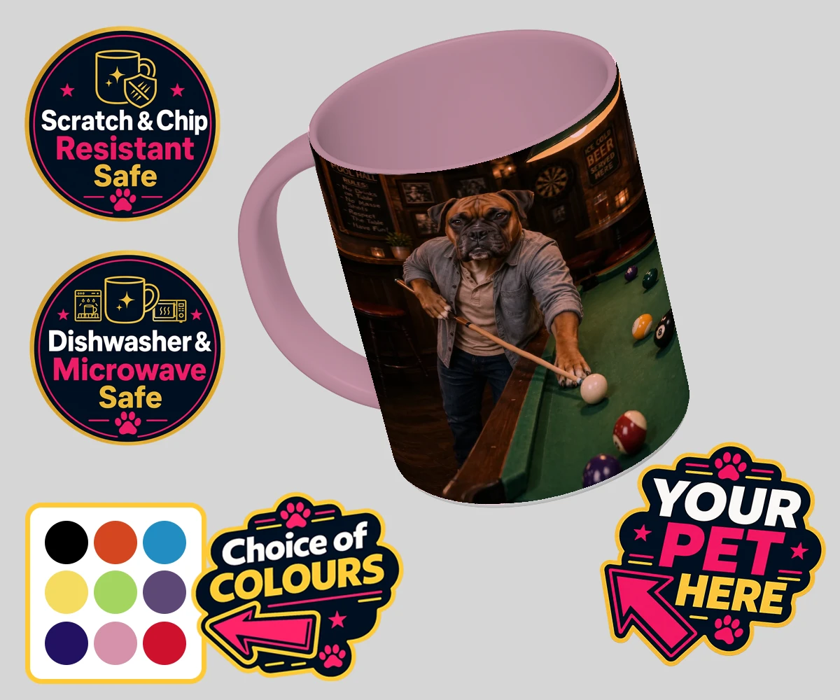 Personalised The Pool Hustler dog coloured photo mugs featuring meet The Pool Hustler, a charming canine character capturing the heart