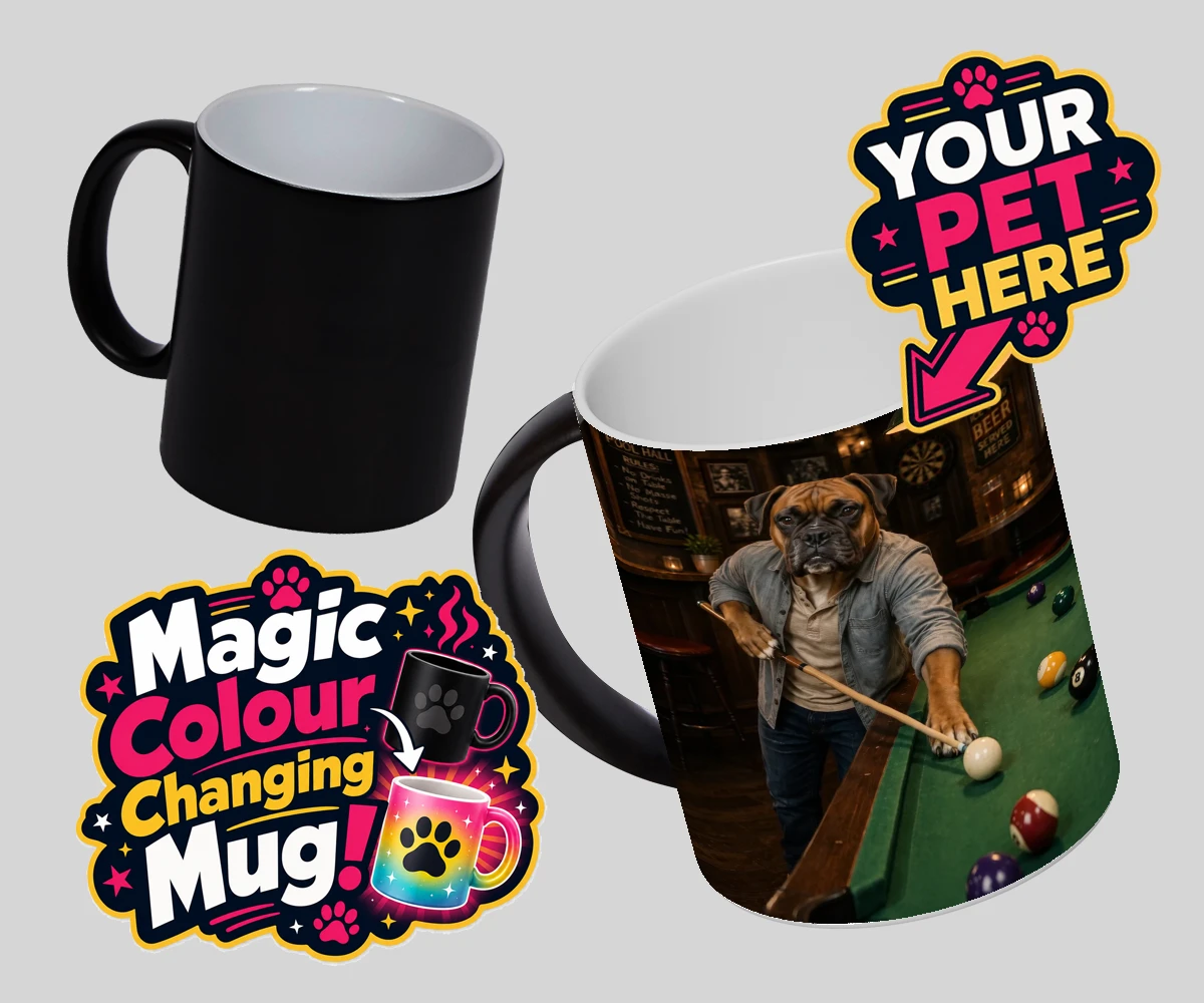 Personalised The Pool Hustler dog magic photo mugs featuring meet The Pool Hustler, a charming canine character capturing the heart