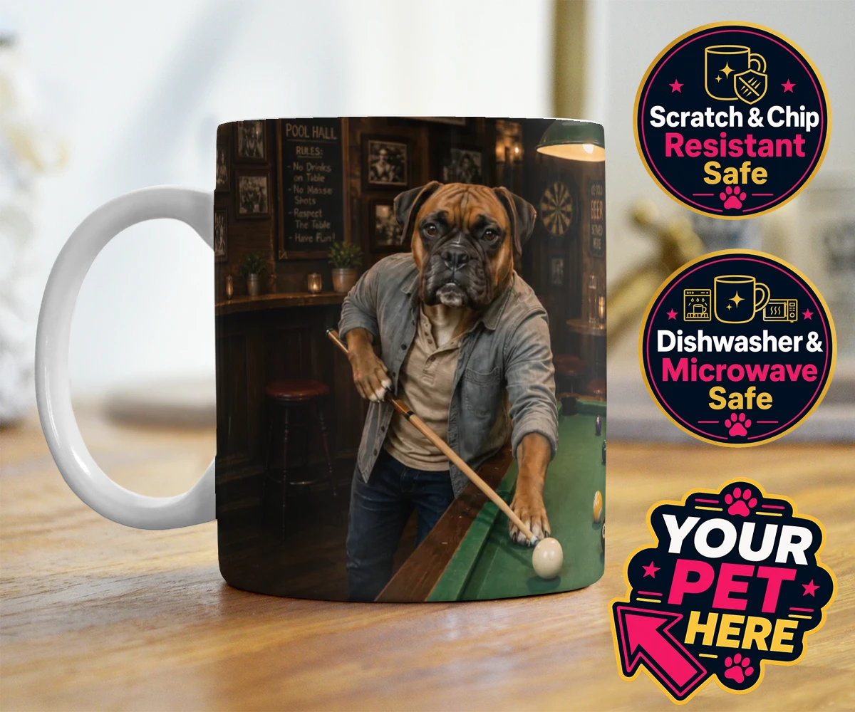 Personalised The Pool Hustler dog photo mugs featuring meet The Pool Hustler, a charming canine character capturing the heart