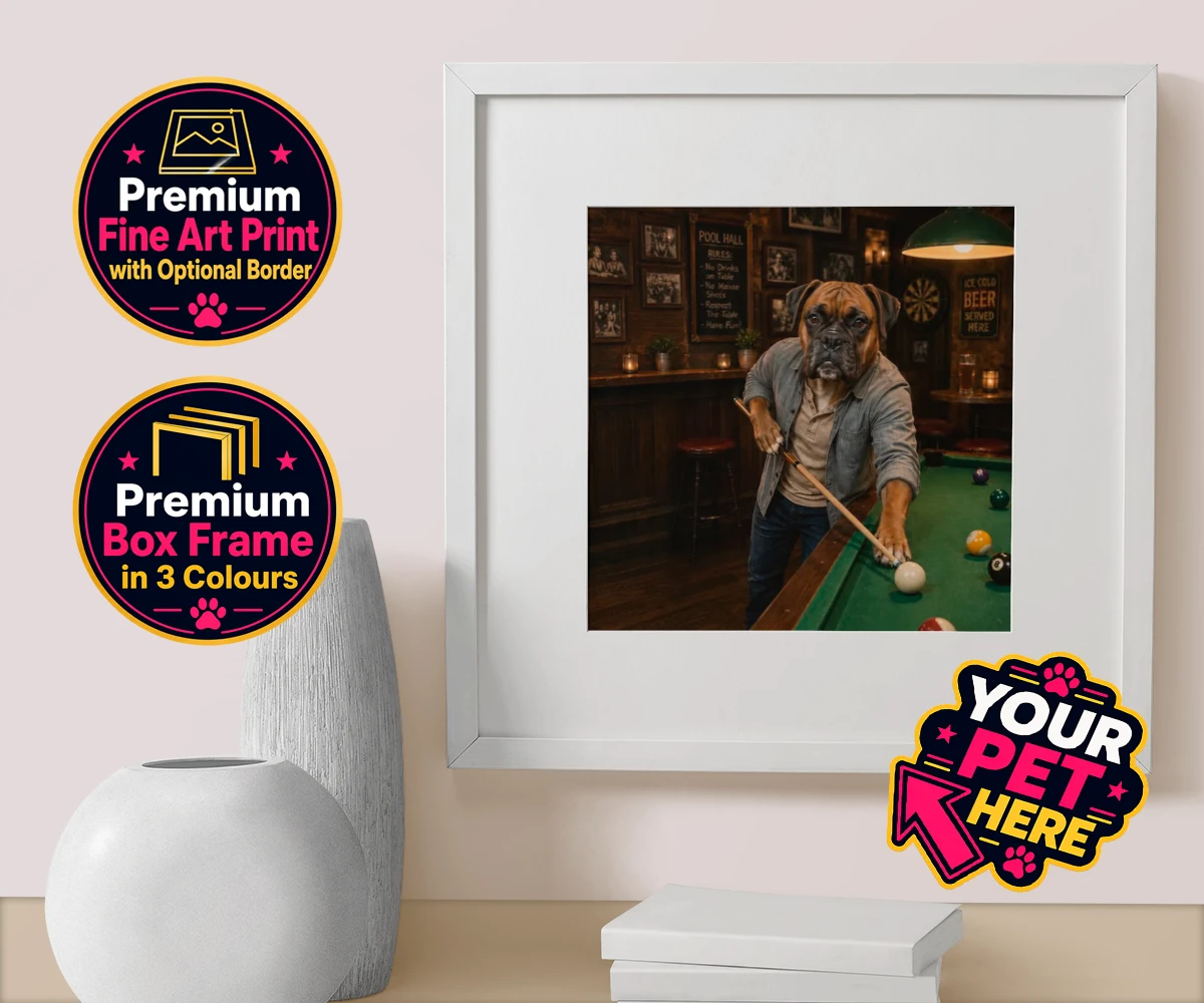 Personalised The Pool Hustler dog box framed print featuring meet The Pool Hustler, a charming canine character capturing the heart