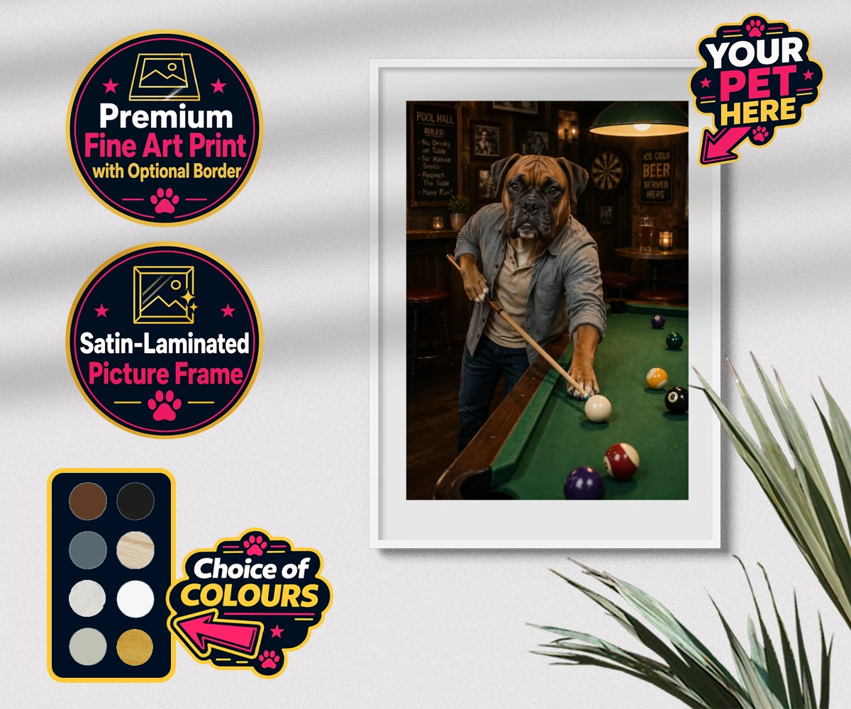 Personalised The Pool Hustler dog premium framed print featuring meet The Pool Hustler, a charming canine character capturing the heart