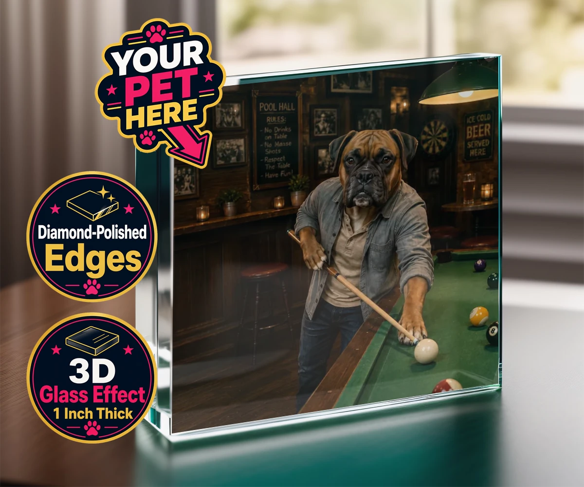 Personalised The Pool Hustler dog acrylic prisms featuring meet The Pool Hustler, a charming canine character capturing the heart