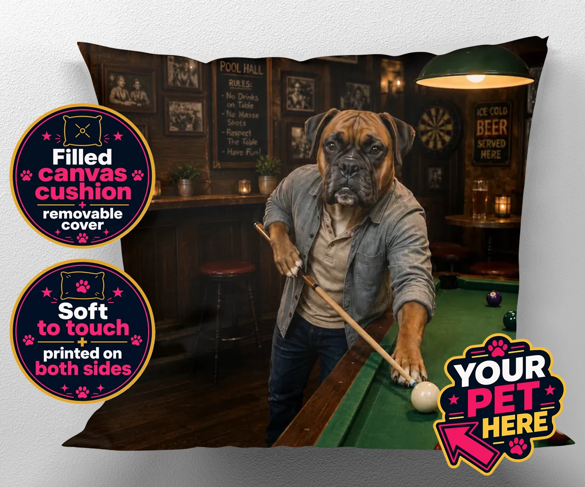 Personalised The Pool Hustler dog canvas cushions featuring meet The Pool Hustler, a charming canine character capturing the heart