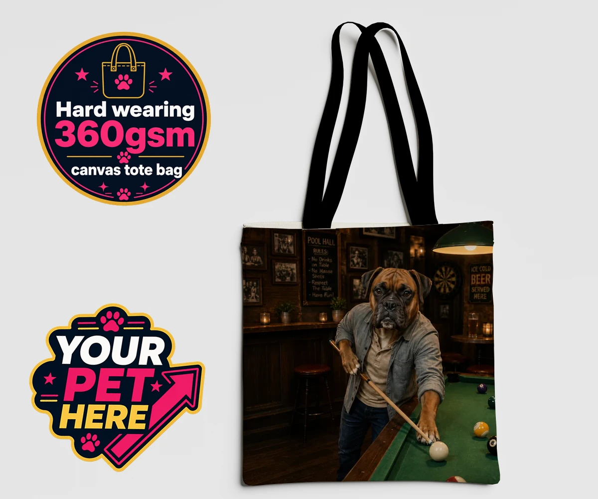 Personalised The Pool Hustler dog canvas tote bags featuring meet The Pool Hustler, a charming canine character capturing the heart